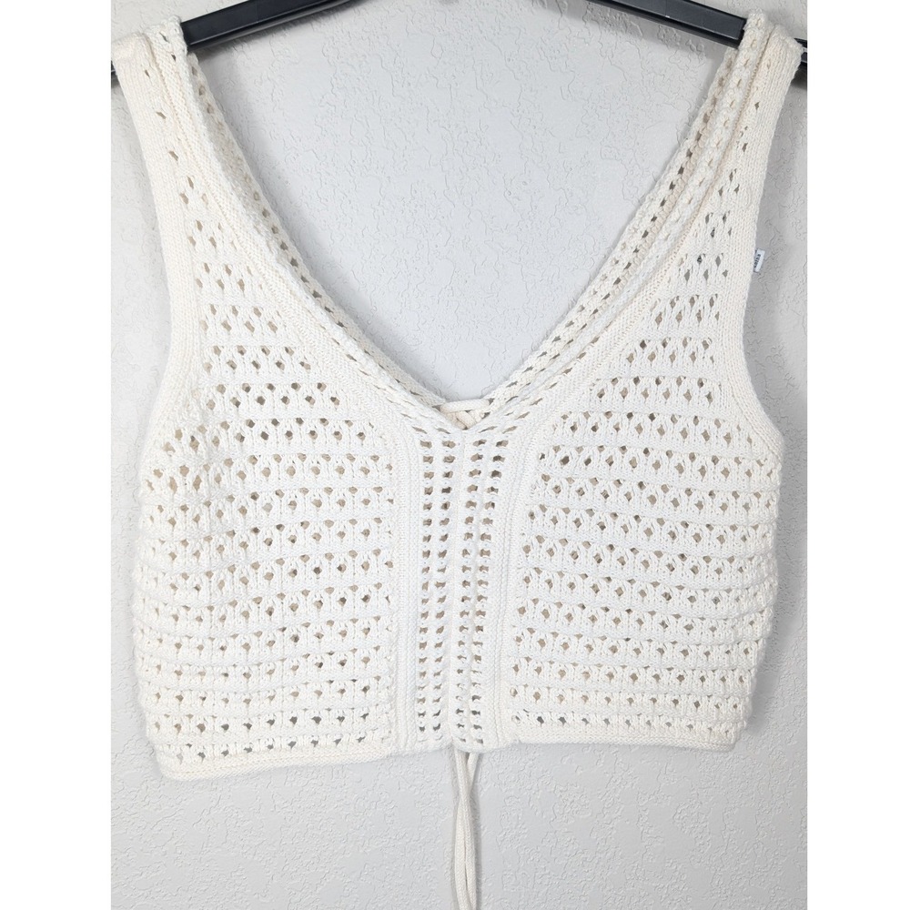 Pink Rose Crochet Tank Top Women Medium Ivory‎ Boho Lace Up Open Knit